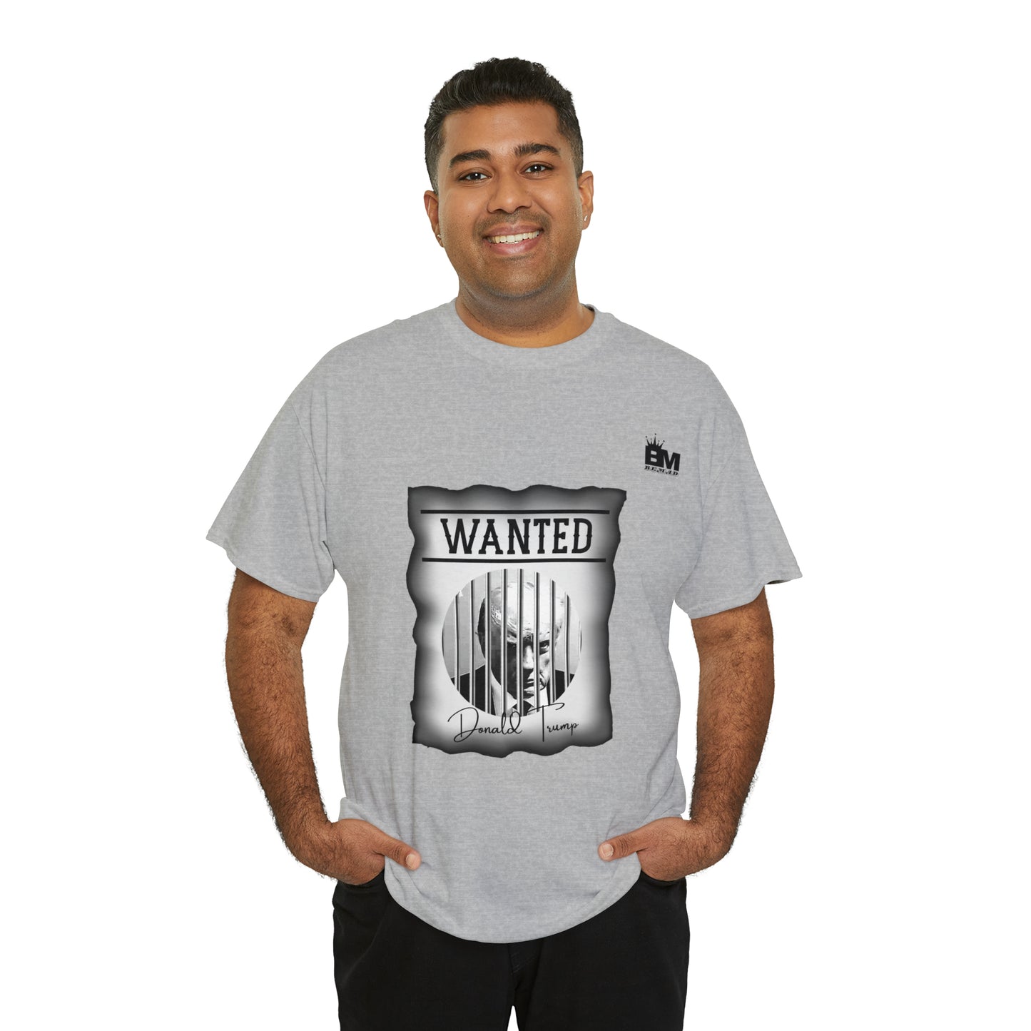 Unisex Heavy Cotton Tee, Uncle Sam Wants Donald Trump Behind Bars, Black and White Wanted Poster