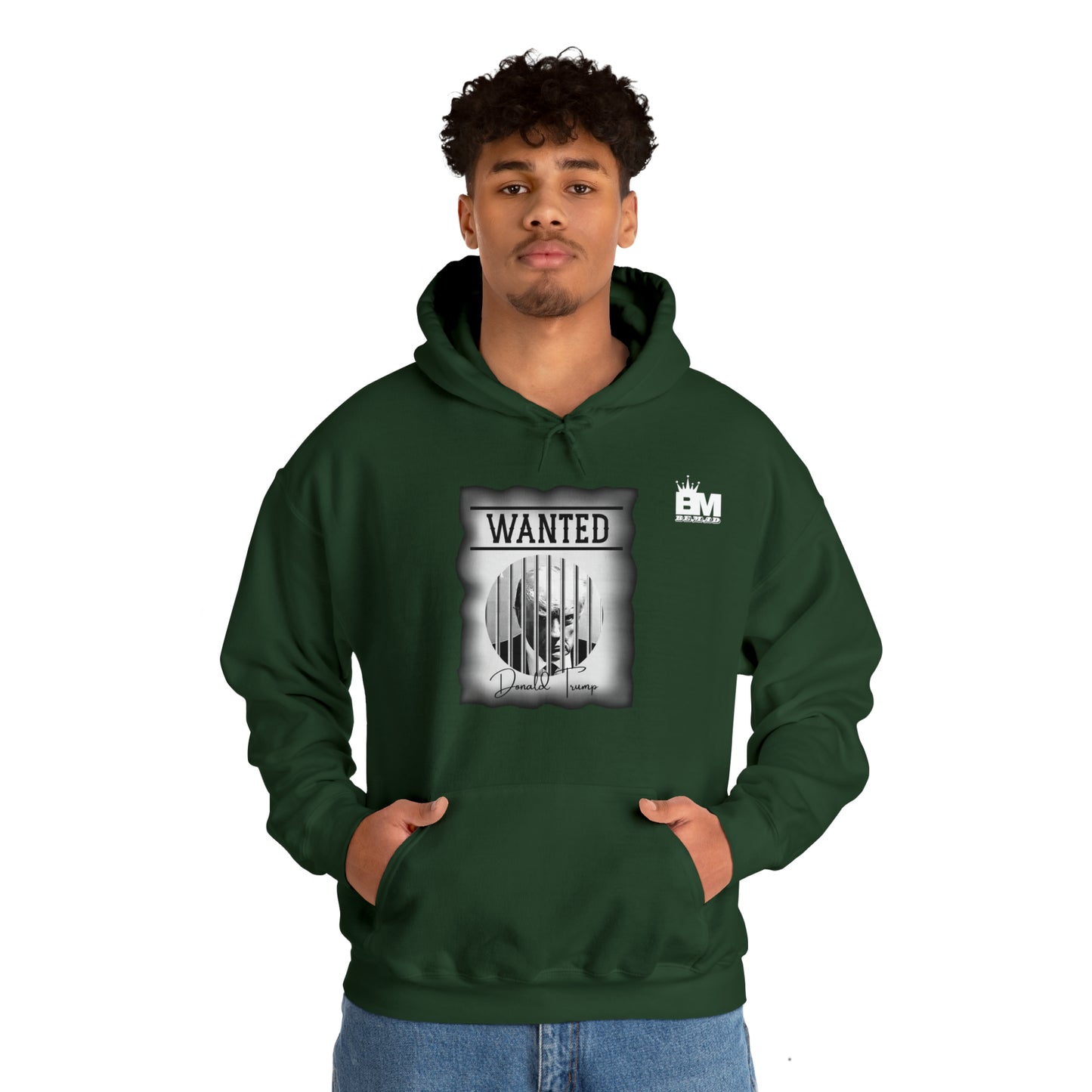 Unisex Heavy Blend™ Hooded Sweatshirt WANTED DONALD TRUMP BEHIND BARS, Black and White Wanted Poster