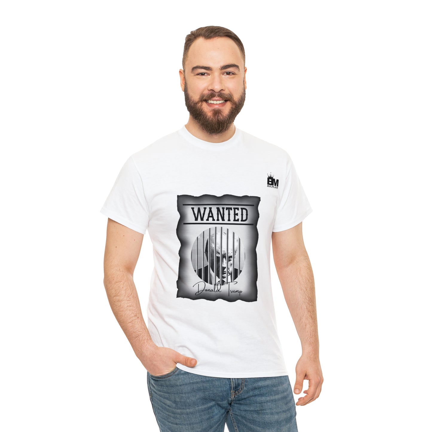 Unisex Heavy Cotton Tee, Uncle Sam Wants Donald Trump Behind Bars, Black and White Wanted Poster