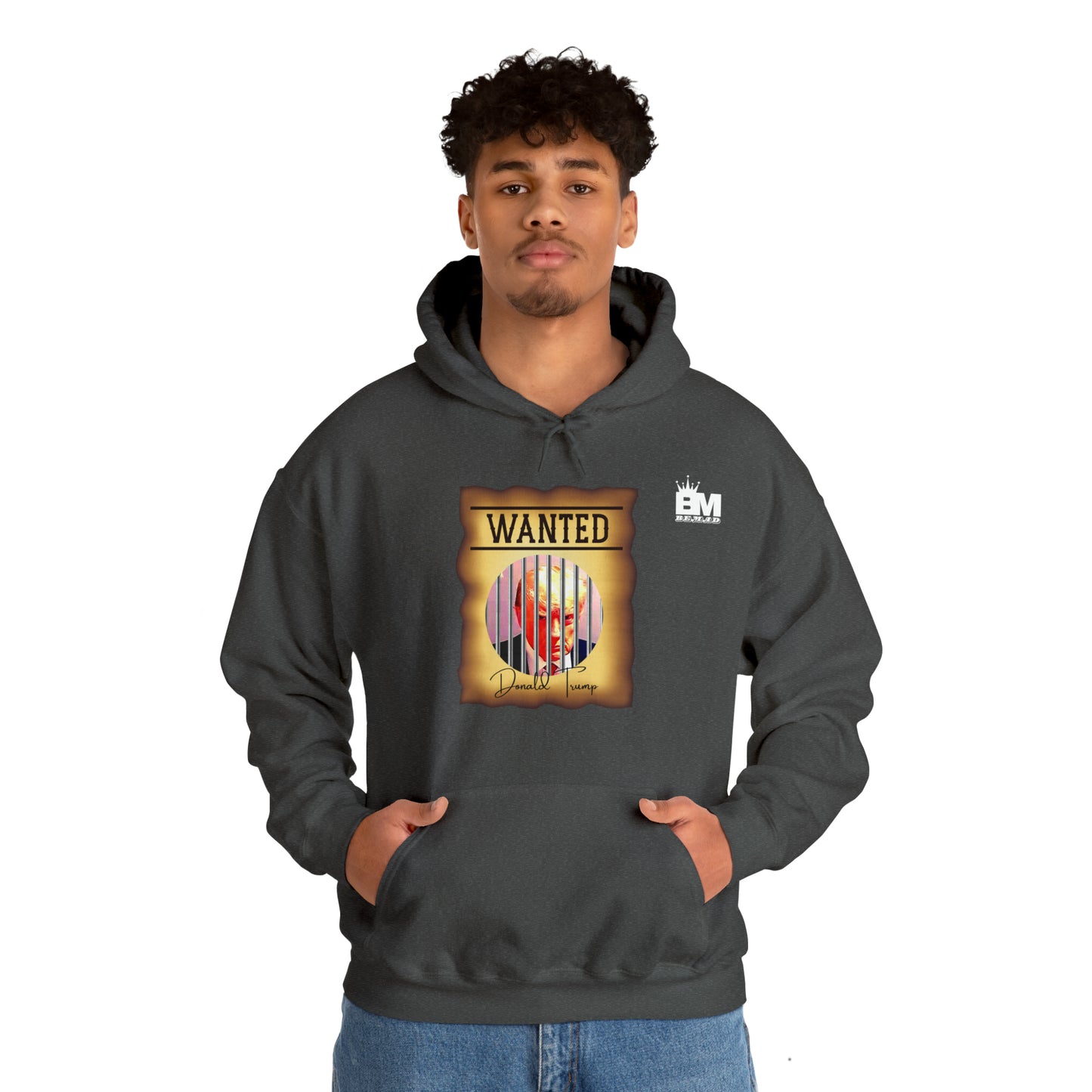 Unisex Heavy Blend™ Hooded Sweatshirt WANTED DONALD TRUMP BEHIND BARS, Color Wanted Poster