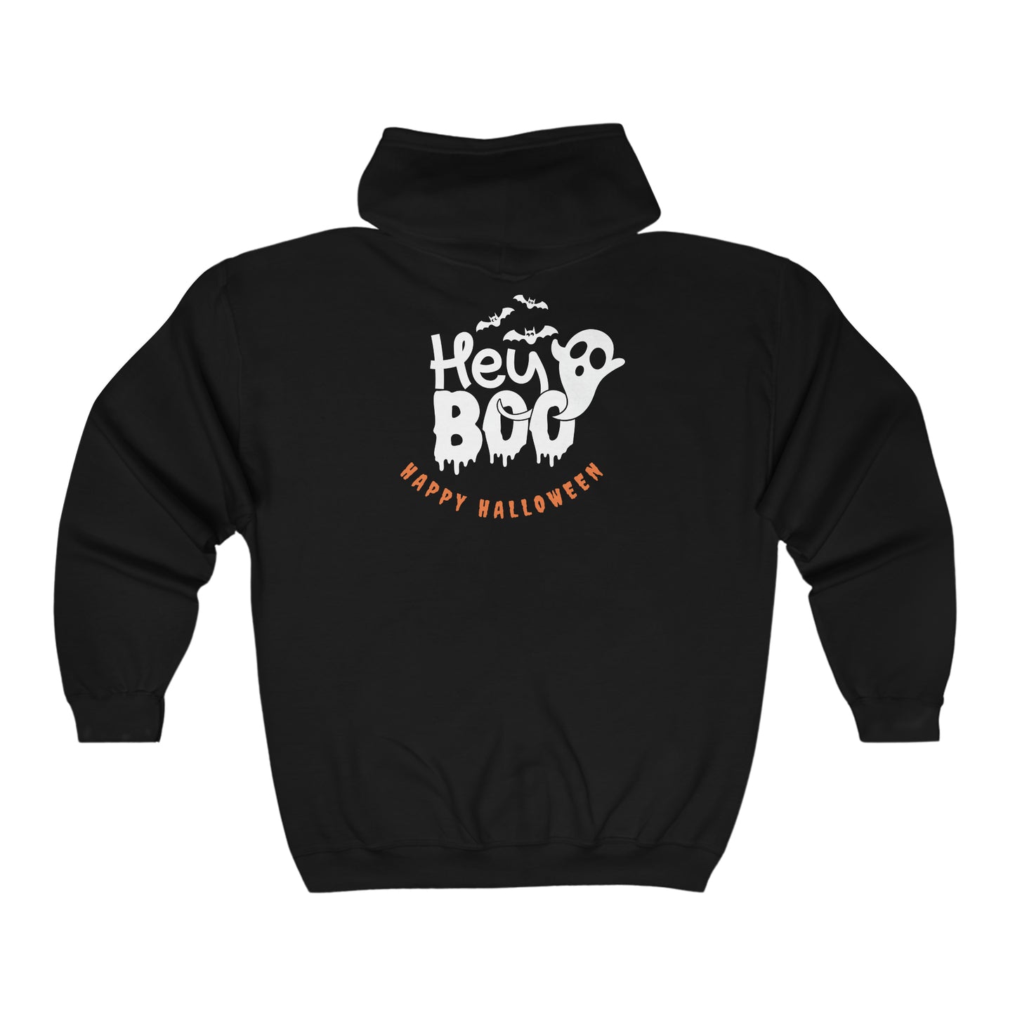 Unisex Heavy Blend™ Full Zip Hooded Sweatshirt Hey Boo Happy Halloween on Back w/Logo on Front