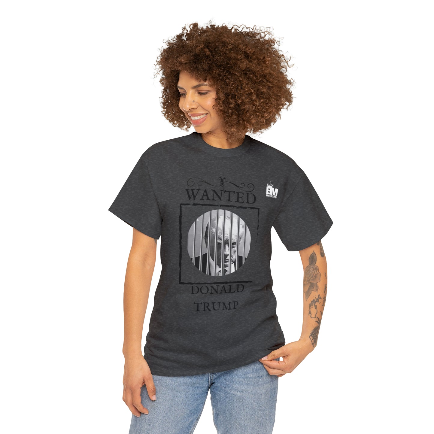 Unisex Heavy Cotton Tee, Uncle Sam Wants Donald Trump Behind Bars Black and white