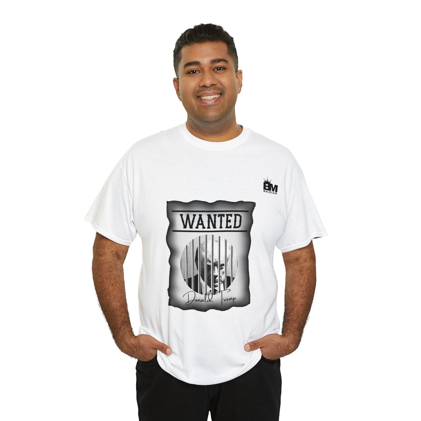 Unisex Heavy Cotton Tee, Uncle Sam Wants Donald Trump Behind Bars, Black and White Wanted Poster