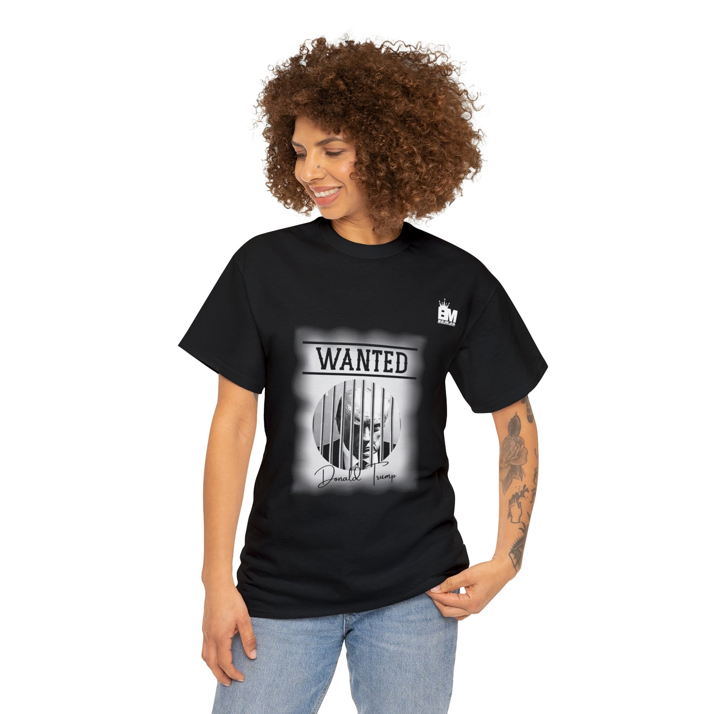 Unisex Heavy Cotton Tee, Uncle Sam Wants Donald Trump Behind Bars, Black and White Wanted Poster