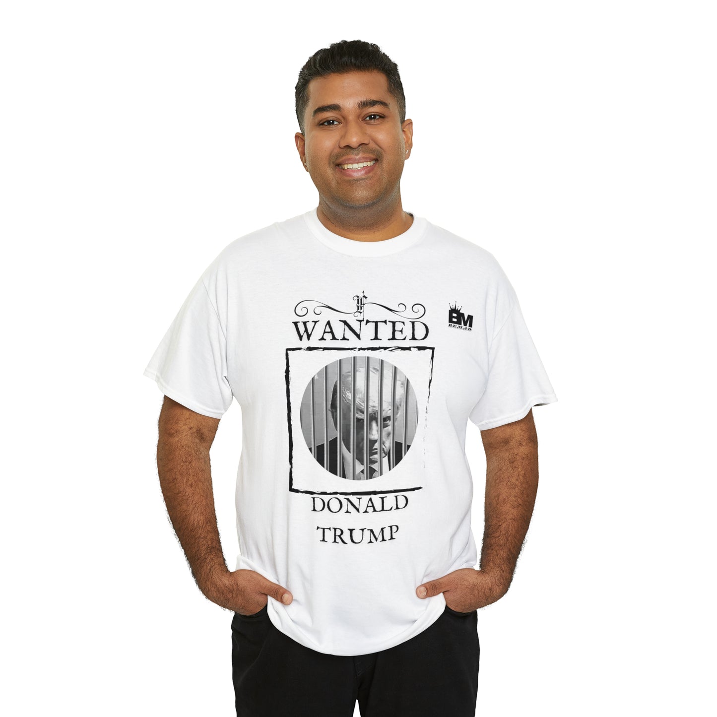 Unisex Heavy Cotton Tee, Uncle Sam Wants Donald Trump Behind Bars Black and white