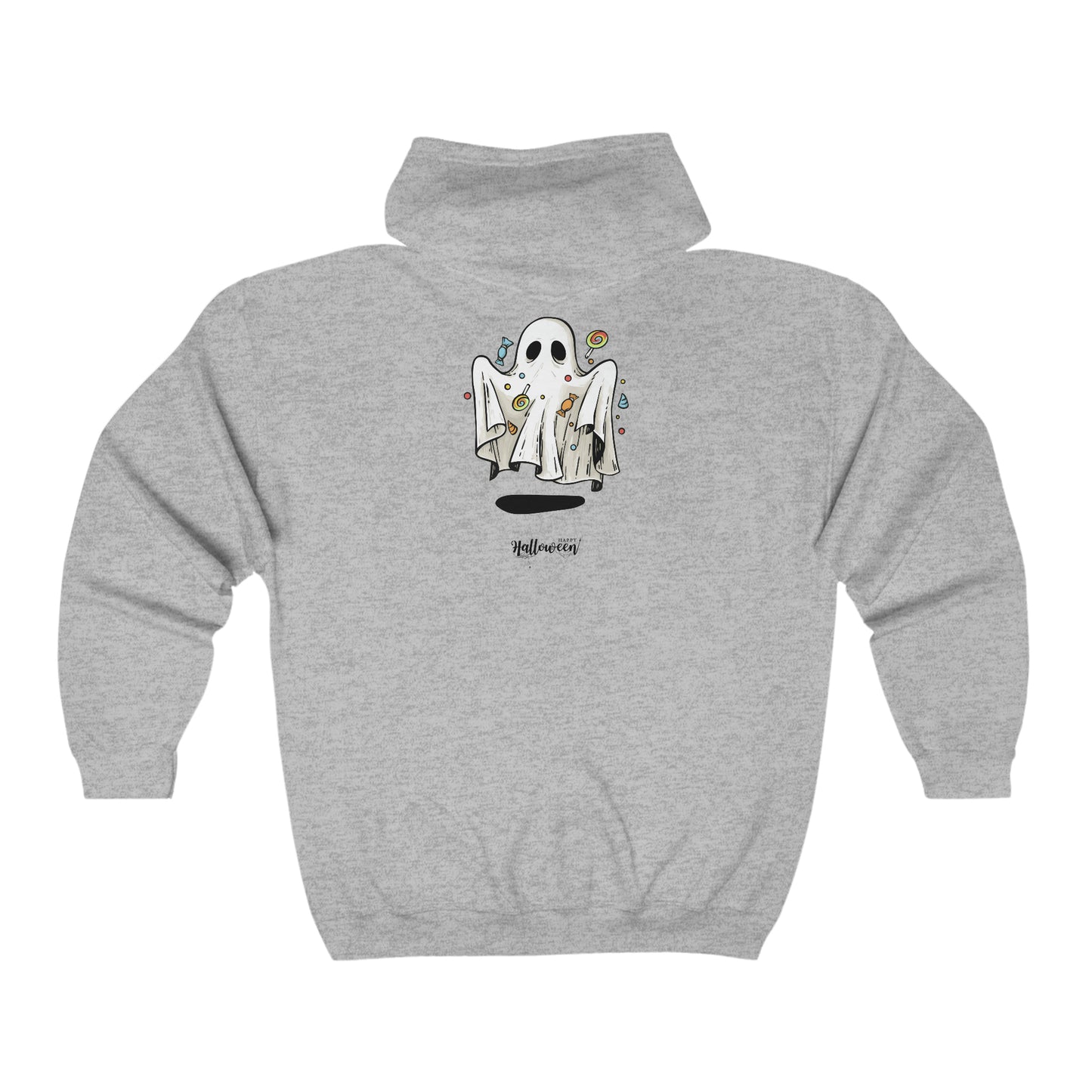 Unisex Heavy Blend™ Full Zip Hooded Sweatshirt Happy Halloween Ghost on Back w/Logo on Front