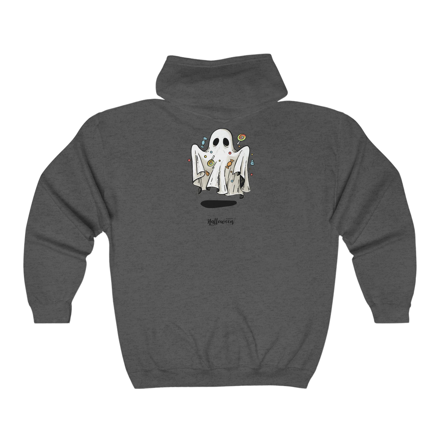 Unisex Heavy Blend™ Full Zip Hooded Sweatshirt Happy Halloween Ghost on Back w/Logo on Front