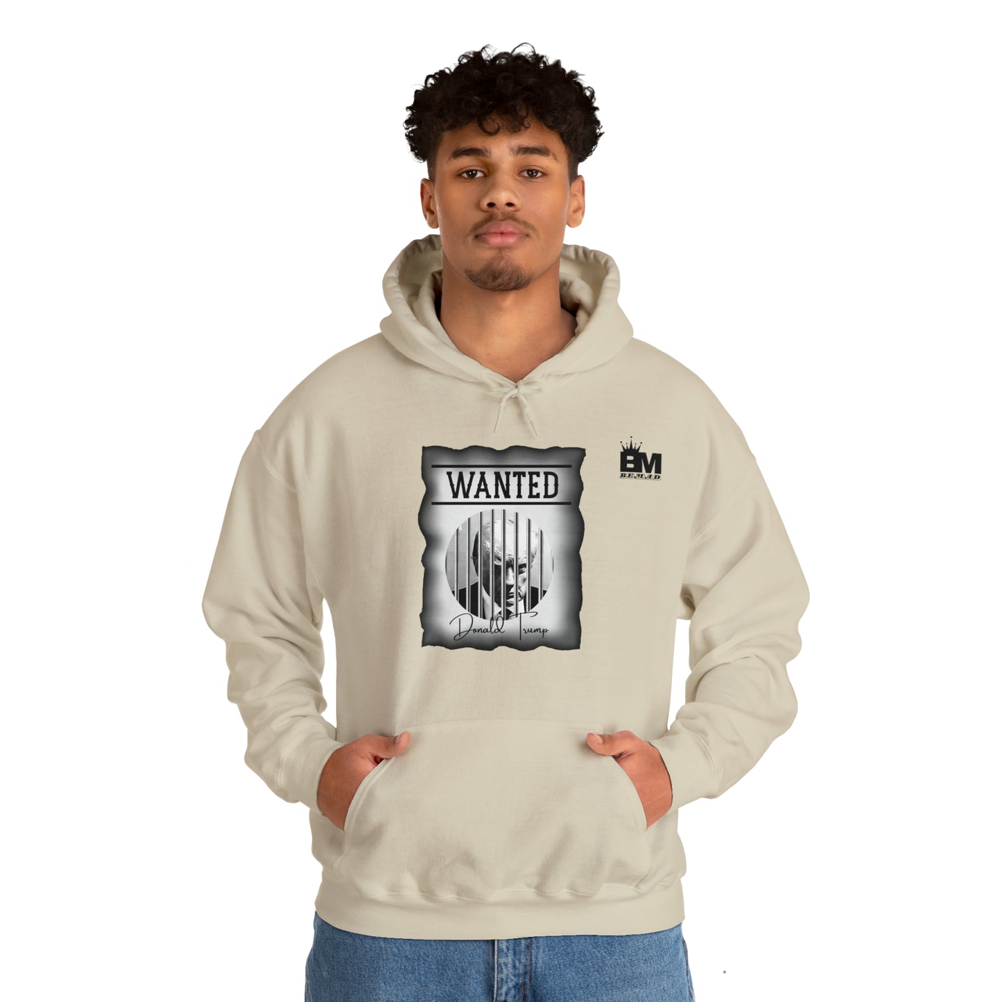 Unisex Heavy Blend™ Hooded Sweatshirt WANTED DONALD TRUMP BEHIND BARS, Black and White Wanted Poster