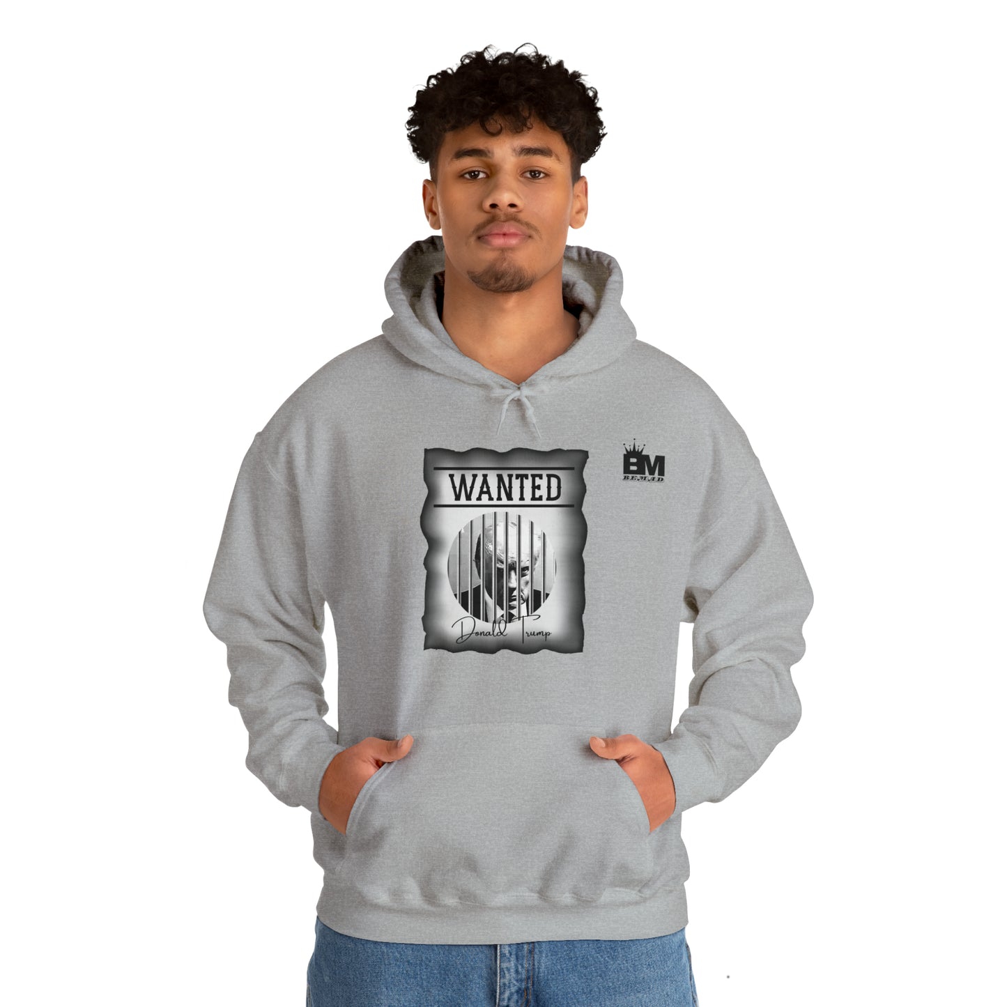 Unisex Heavy Blend™ Hooded Sweatshirt WANTED DONALD TRUMP BEHIND BARS, Black and White Wanted Poster