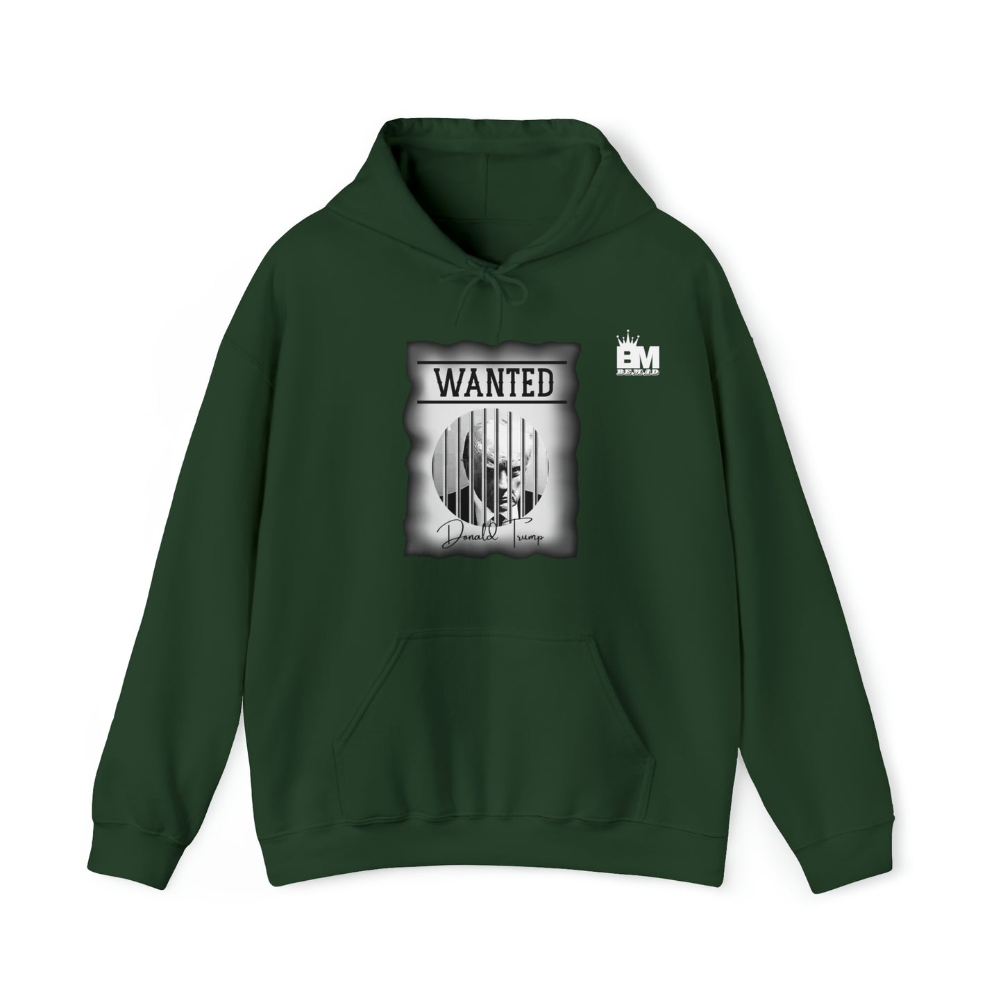 Unisex Heavy Blend™ Hooded Sweatshirt WANTED DONALD TRUMP BEHIND BARS, Black and White Wanted Poster