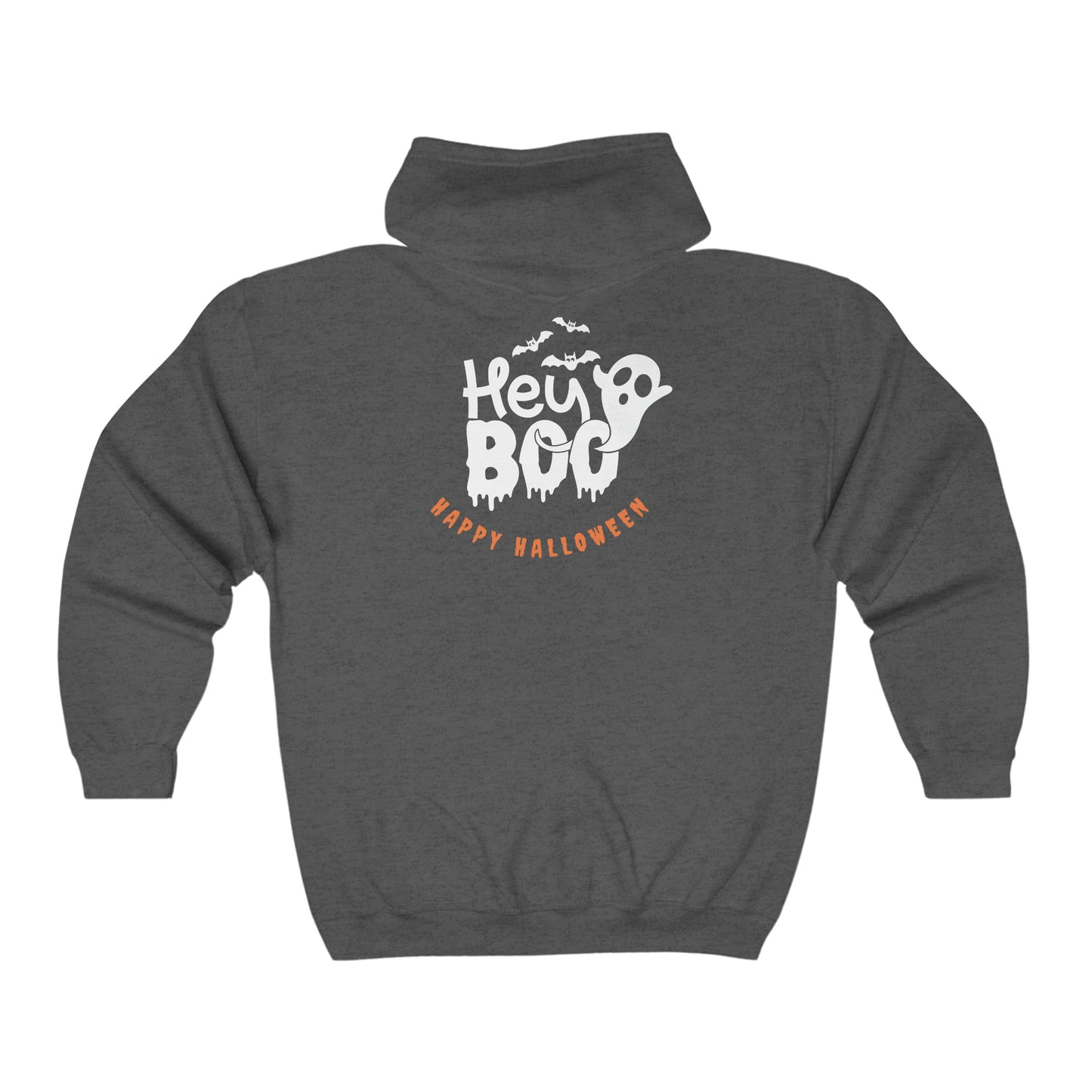 Unisex Heavy Blend™ Full Zip Hooded Sweatshirt Hey Boo Happy Halloween on Back w/Logo on Front