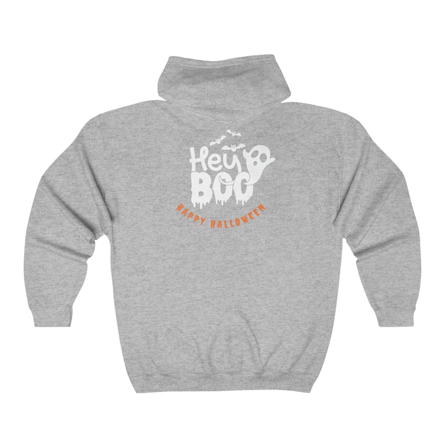 Unisex Heavy Blend™ Full Zip Hooded Sweatshirt Hey Boo Happy Halloween on Back w/Logo on Front