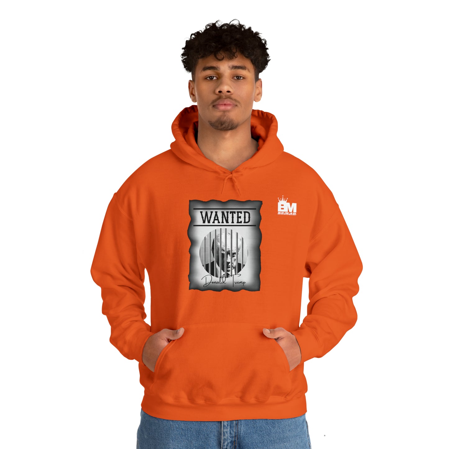 Unisex Heavy Blend™ Hooded Sweatshirt WANTED DONALD TRUMP BEHIND BARS, Black and White Wanted Poster