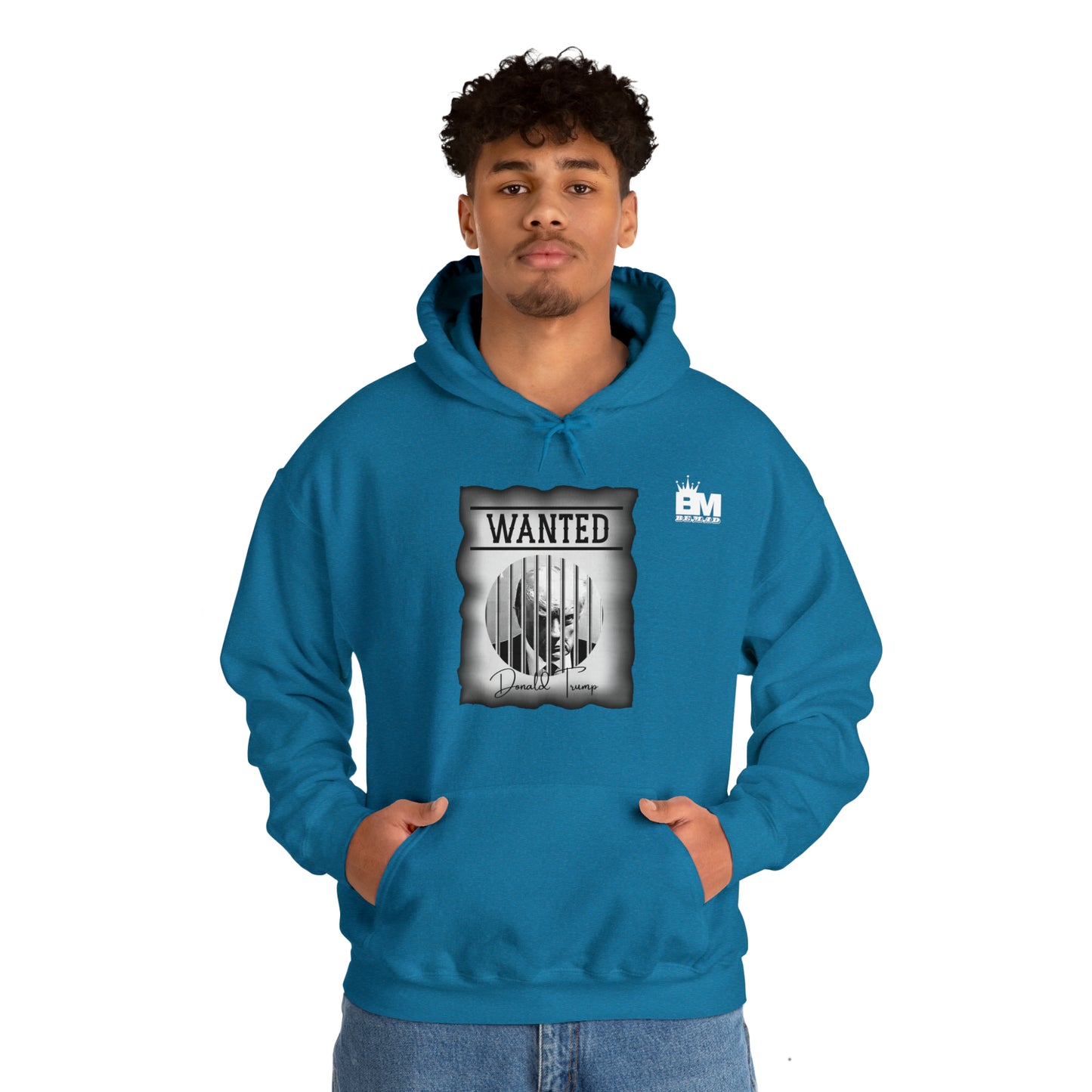 Unisex Heavy Blend™ Hooded Sweatshirt WANTED DONALD TRUMP BEHIND BARS, Black and White Wanted Poster