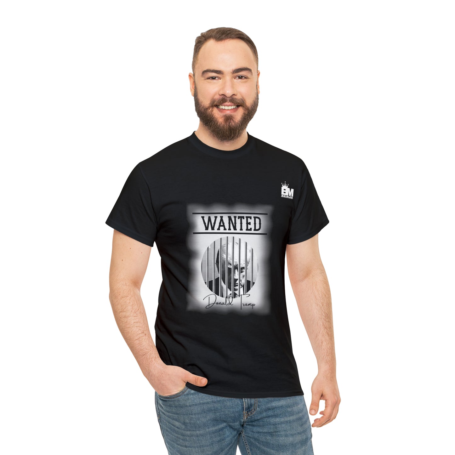 Unisex Heavy Cotton Tee, Uncle Sam Wants Donald Trump Behind Bars, Black and White Wanted Poster