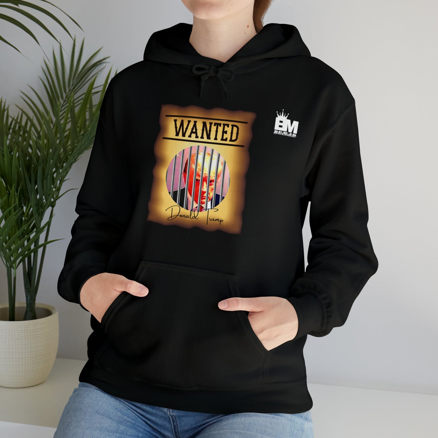 Unisex Heavy Blend™ Hooded Sweatshirt WANTED DONALD TRUMP BEHIND BARS, Color Wanted Poster