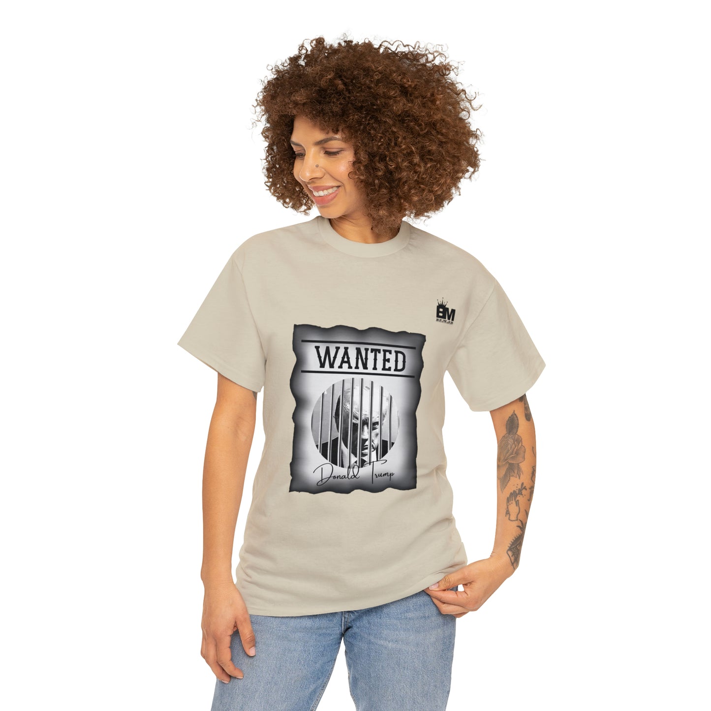 Unisex Heavy Cotton Tee, Uncle Sam Wants Donald Trump Behind Bars, Black and White Wanted Poster