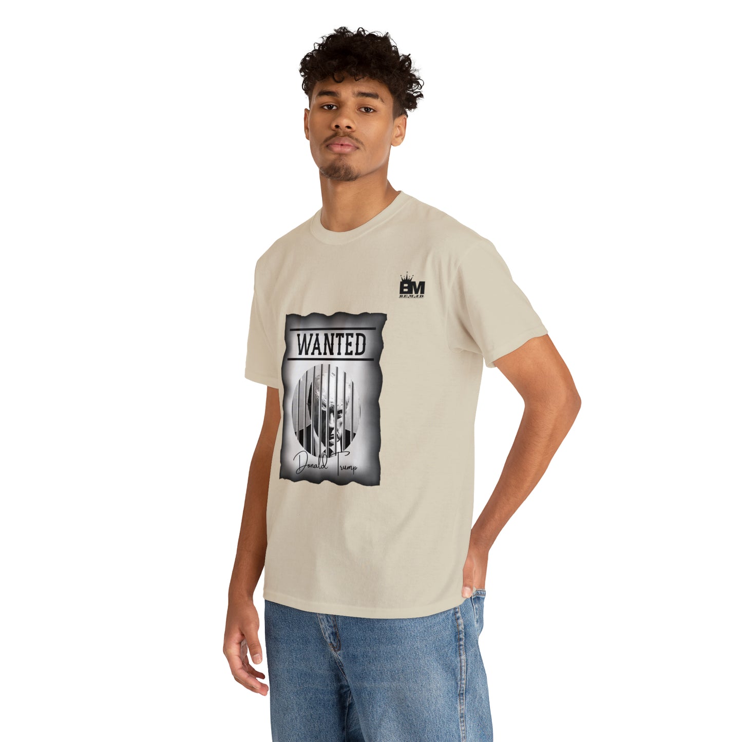 Unisex Heavy Cotton Tee, Uncle Sam Wants Donald Trump Behind Bars, Black and White Wanted Poster