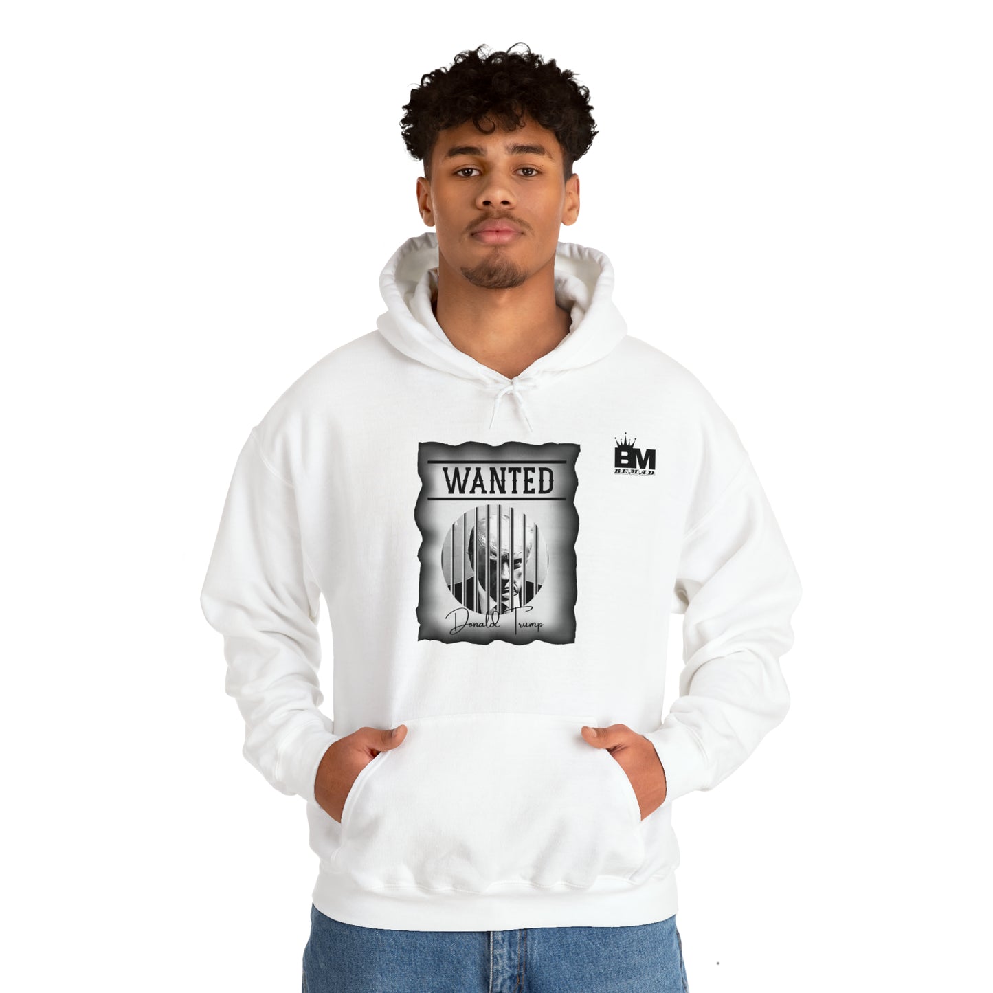 Unisex Heavy Blend™ Hooded Sweatshirt WANTED DONALD TRUMP BEHIND BARS, Black and White Wanted Poster