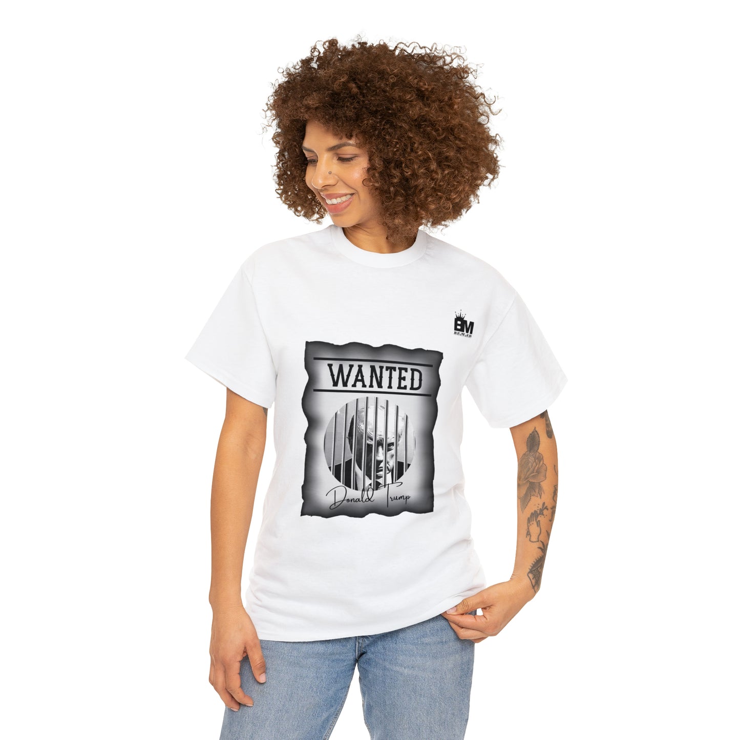 Unisex Heavy Cotton Tee, Uncle Sam Wants Donald Trump Behind Bars, Black and White Wanted Poster