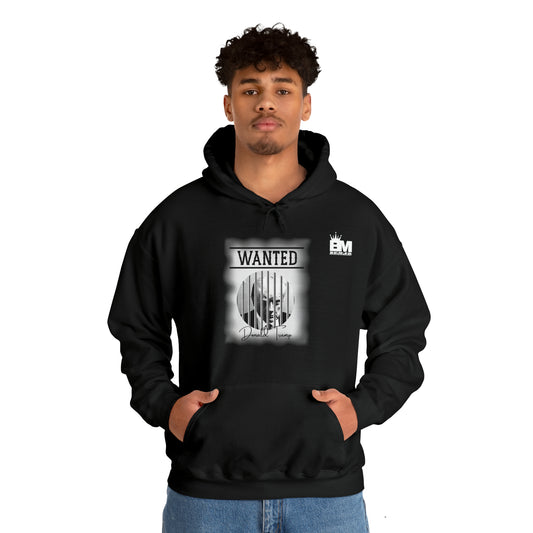 Unisex Heavy Blend™ Hooded Sweatshirt WANTED DONALD TRUMP BEHIND BARS, Black and White Wanted Poster