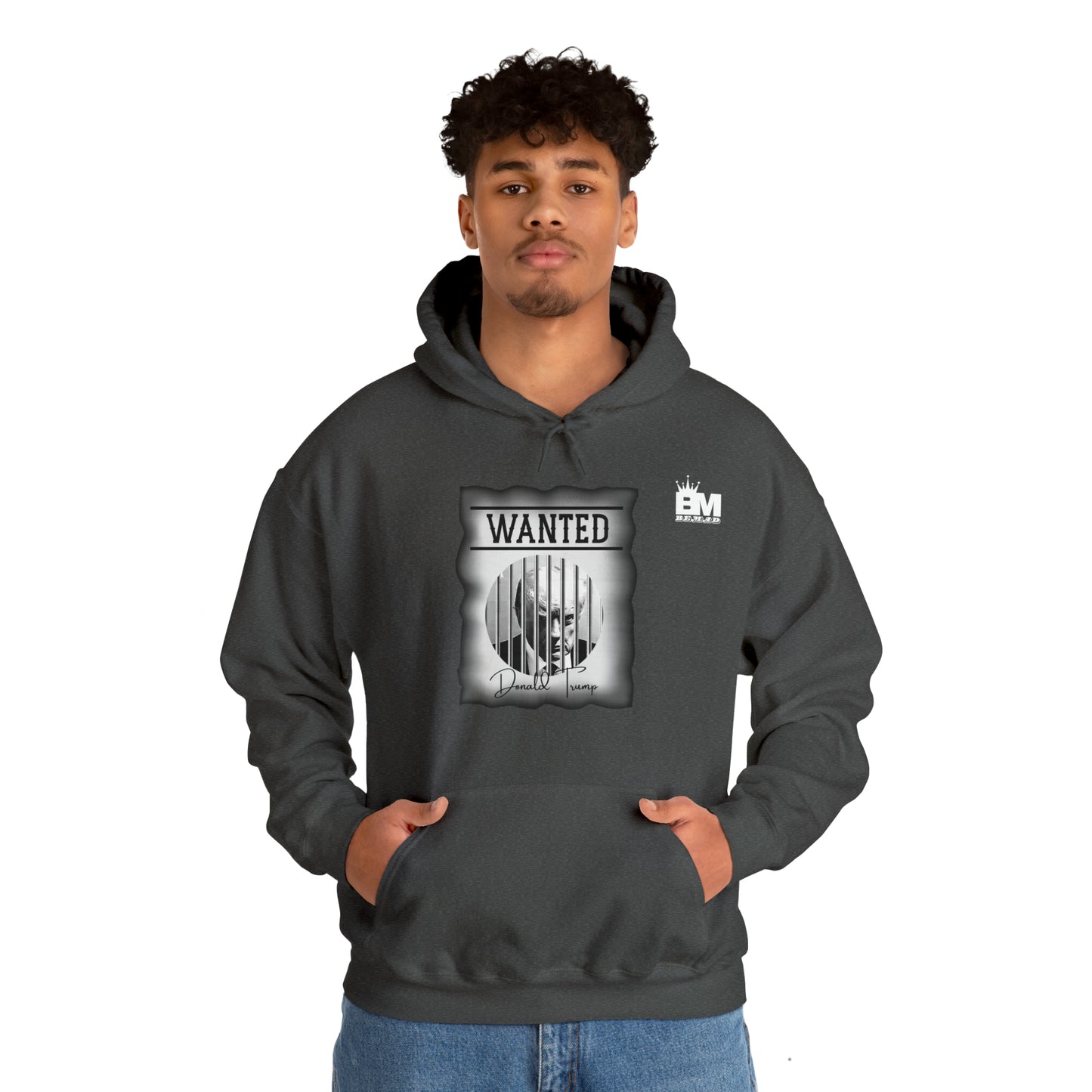 Unisex Heavy Blend™ Hooded Sweatshirt WANTED DONALD TRUMP BEHIND BARS, Black and White Wanted Poster