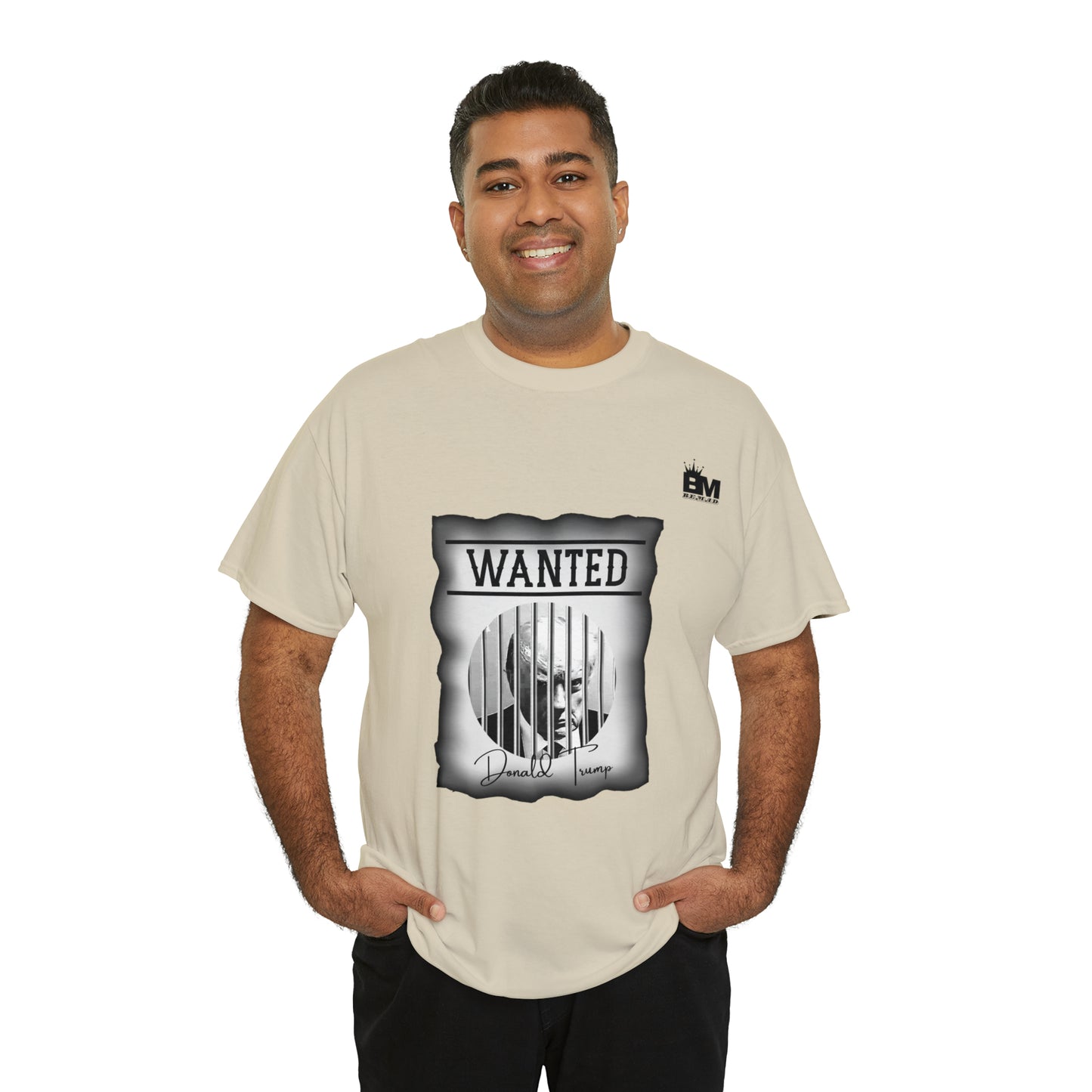 Unisex Heavy Cotton Tee, Uncle Sam Wants Donald Trump Behind Bars, Black and White Wanted Poster