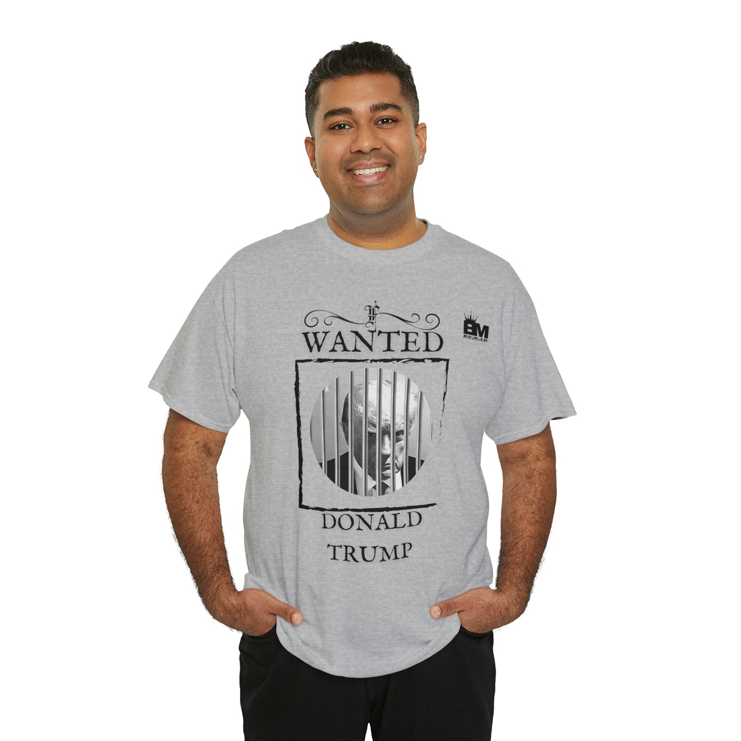 Unisex Heavy Cotton Tee, Uncle Sam Wants Donald Trump Behind Bars Black and white