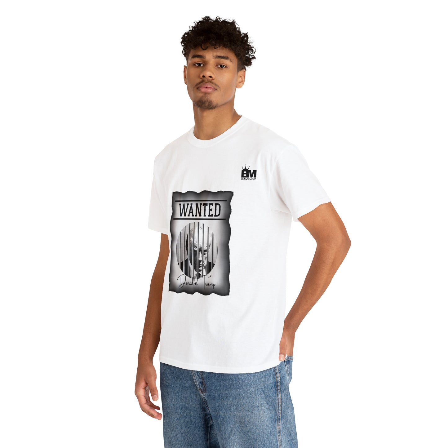 Unisex Heavy Cotton Tee, Uncle Sam Wants Donald Trump Behind Bars, Black and White Wanted Poster