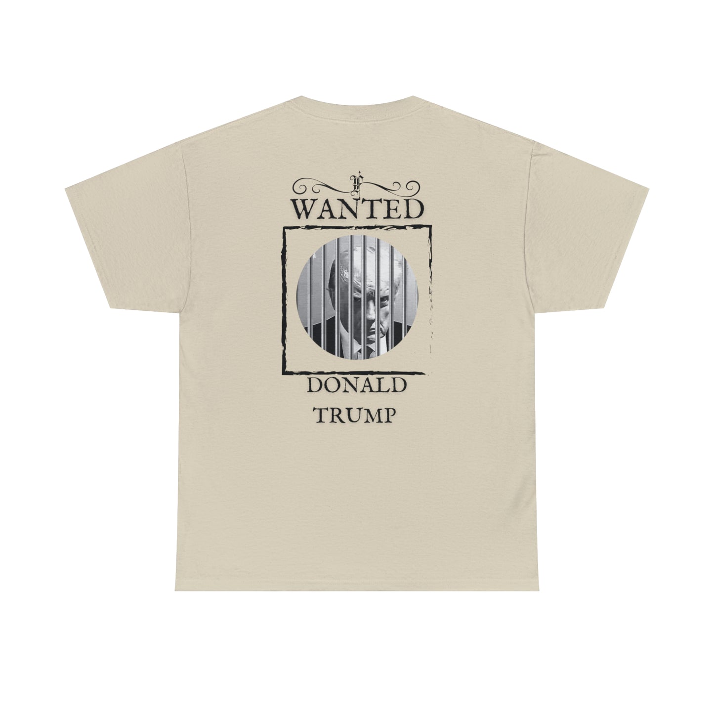 Unisex Heavy Cotton Tee, DONALD TRUMP WANTED BEHIND BARS, Black and white, BACK OF SHIRT IMAGE