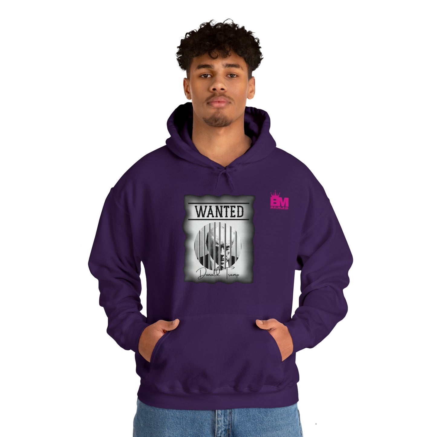 Unisex Heavy Blend™ Hooded Sweatshirt WANTED DONALD TRUMP BEHIND BARS, Black and White Wanted Poster