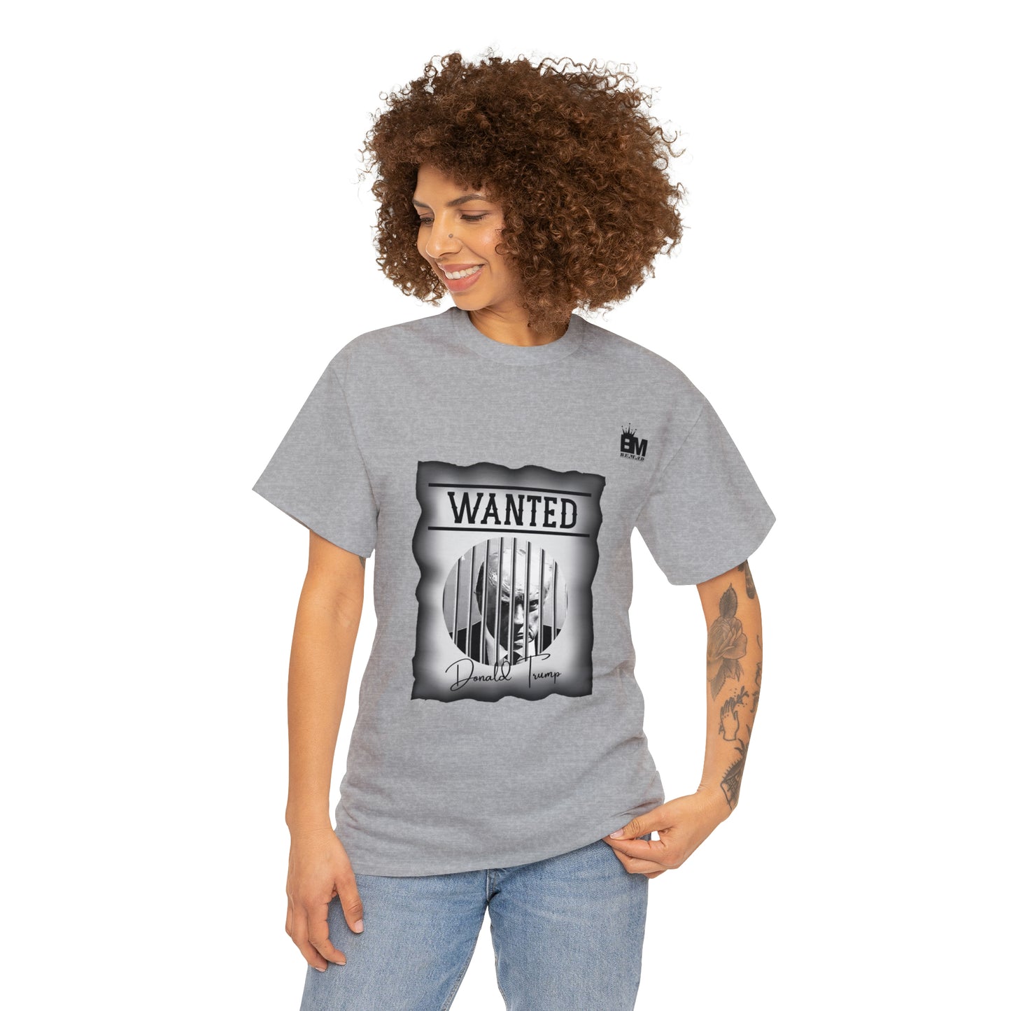 Unisex Heavy Cotton Tee, Uncle Sam Wants Donald Trump Behind Bars, Black and White Wanted Poster